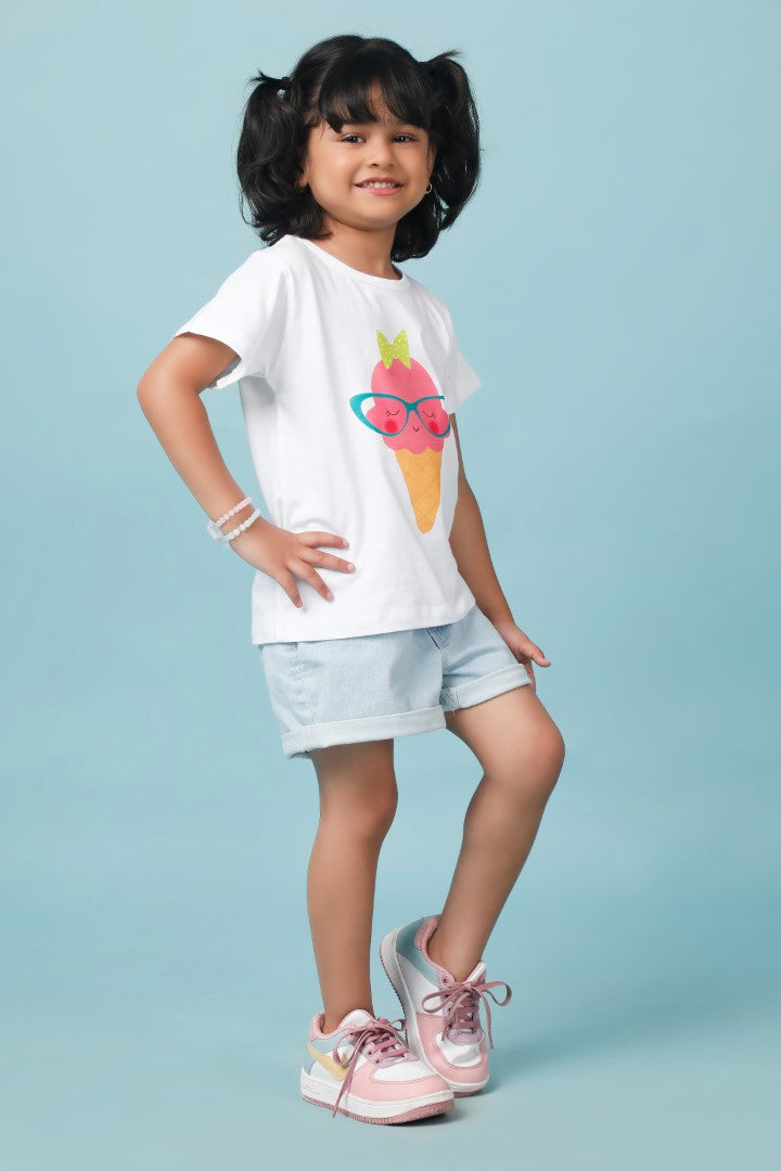 Knitting Doodles Pure cotton Girls' White t-shirt with Cute Icecream print- White