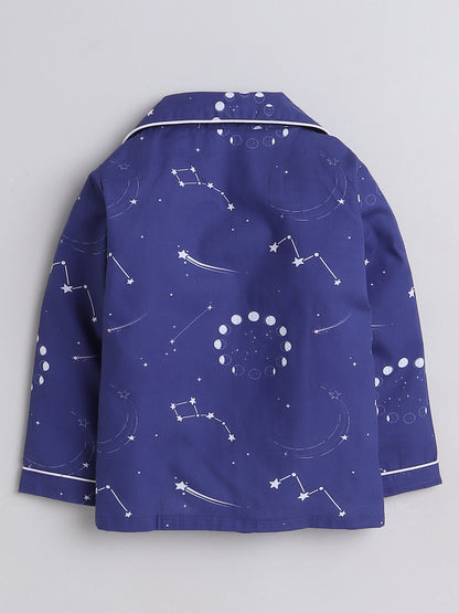 Moon, Stars and Constellations Print Night Suit- Dark Blue