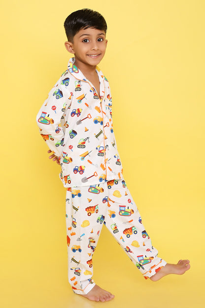 Knitting Doodles Premium cotton Kids' Notched Collar Night suit in adorable Construction vehicles Print- White