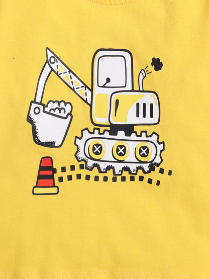 Construction Print T-shirt and Pyjama- Yellow and White