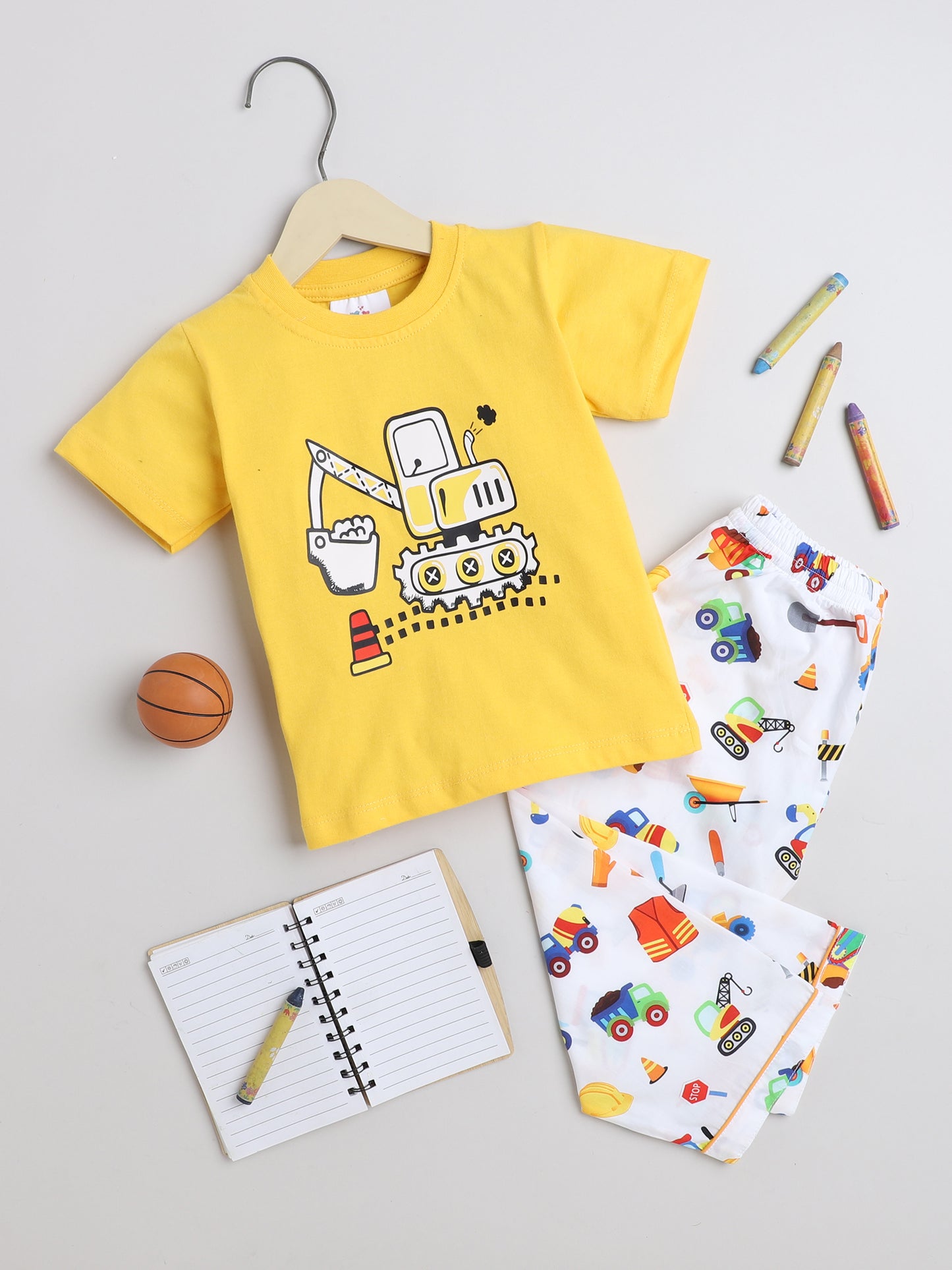 Construction Print T-shirt and Pyjama- Yellow and White