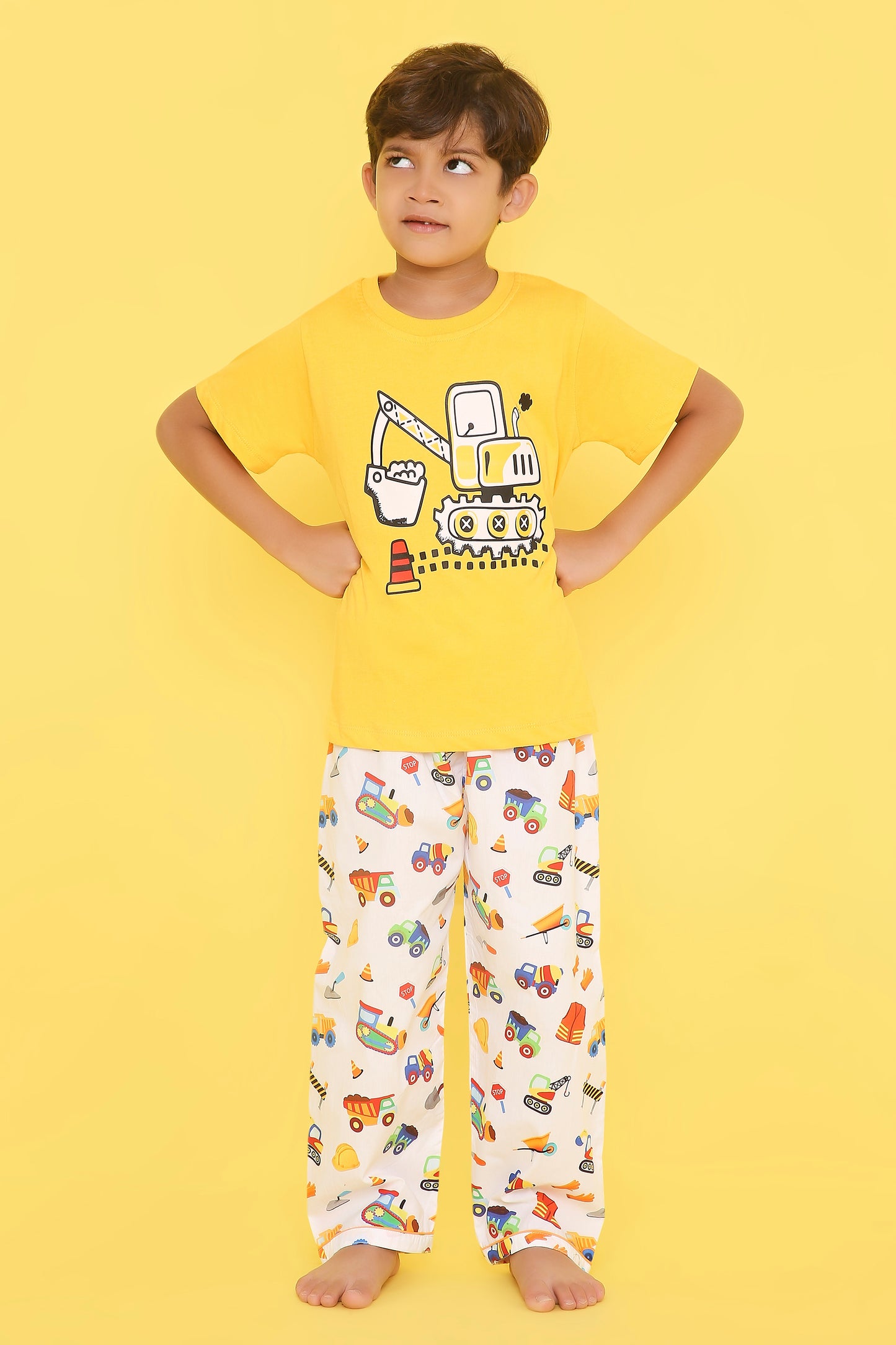 Construction Print T-shirt and Pyjama- Yellow and White