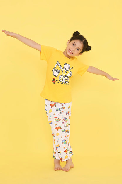 Construction Print T-shirt and Pyjama- Yellow and White