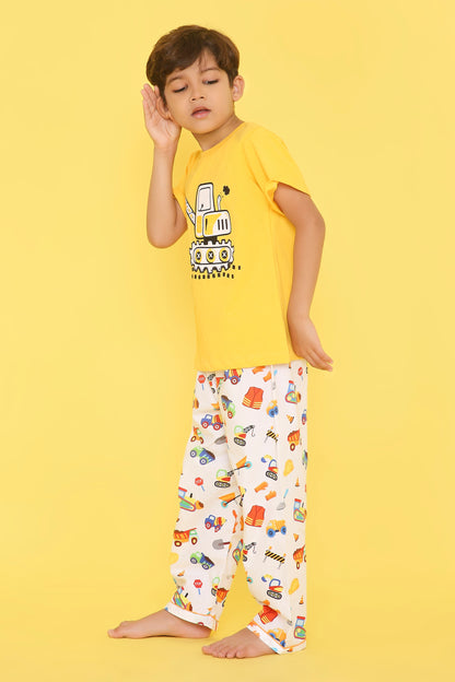 Construction Print T-shirt and Pyjama- Yellow and White