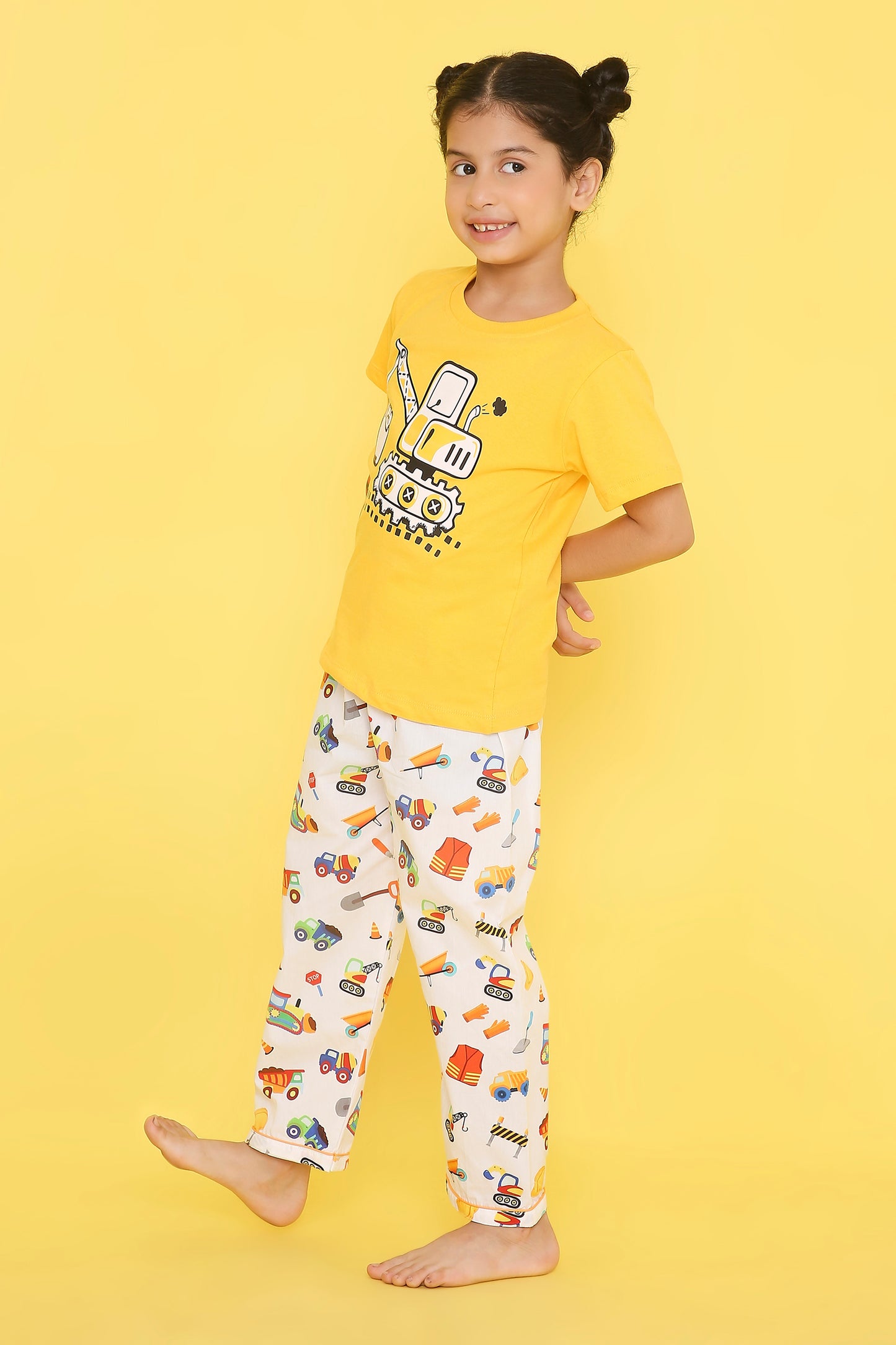 Construction Print T-shirt and Pyjama- Yellow and White