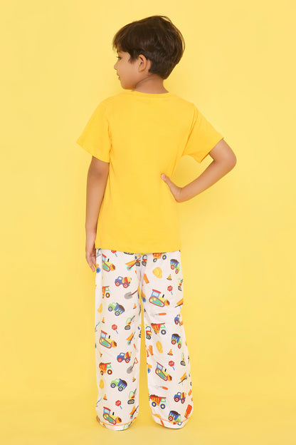 Construction Print T-shirt and Pyjama- Yellow and White