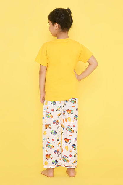 Construction Print T-shirt and Pyjama- Yellow and White