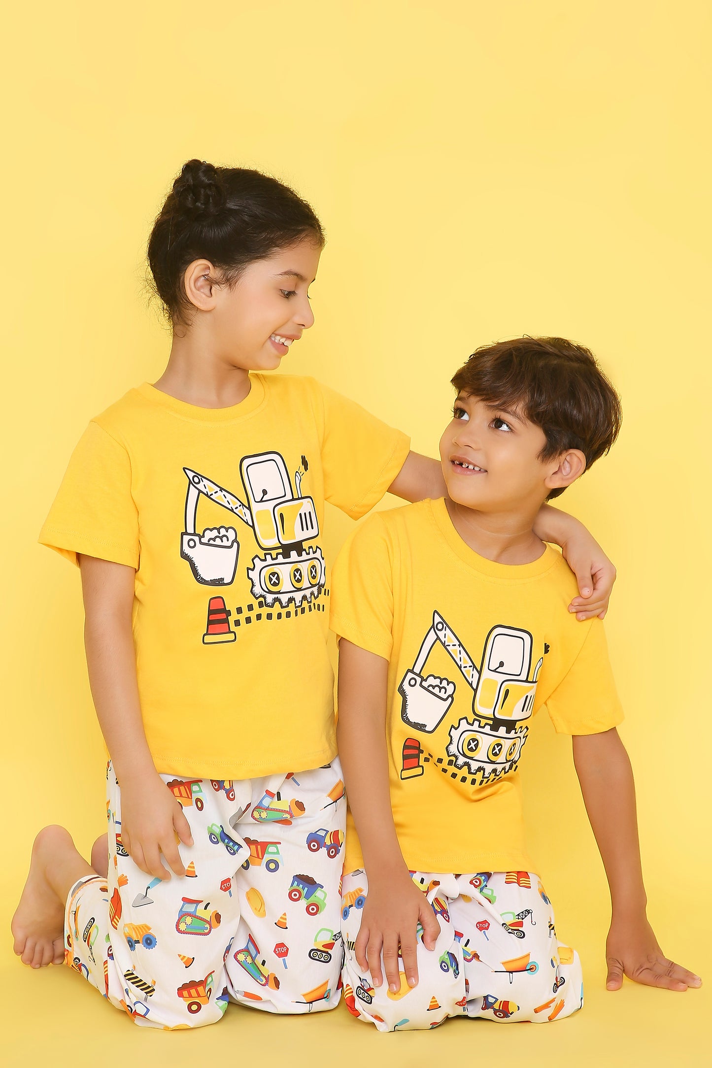 Construction Print T-shirt and Pyjama- Yellow and White