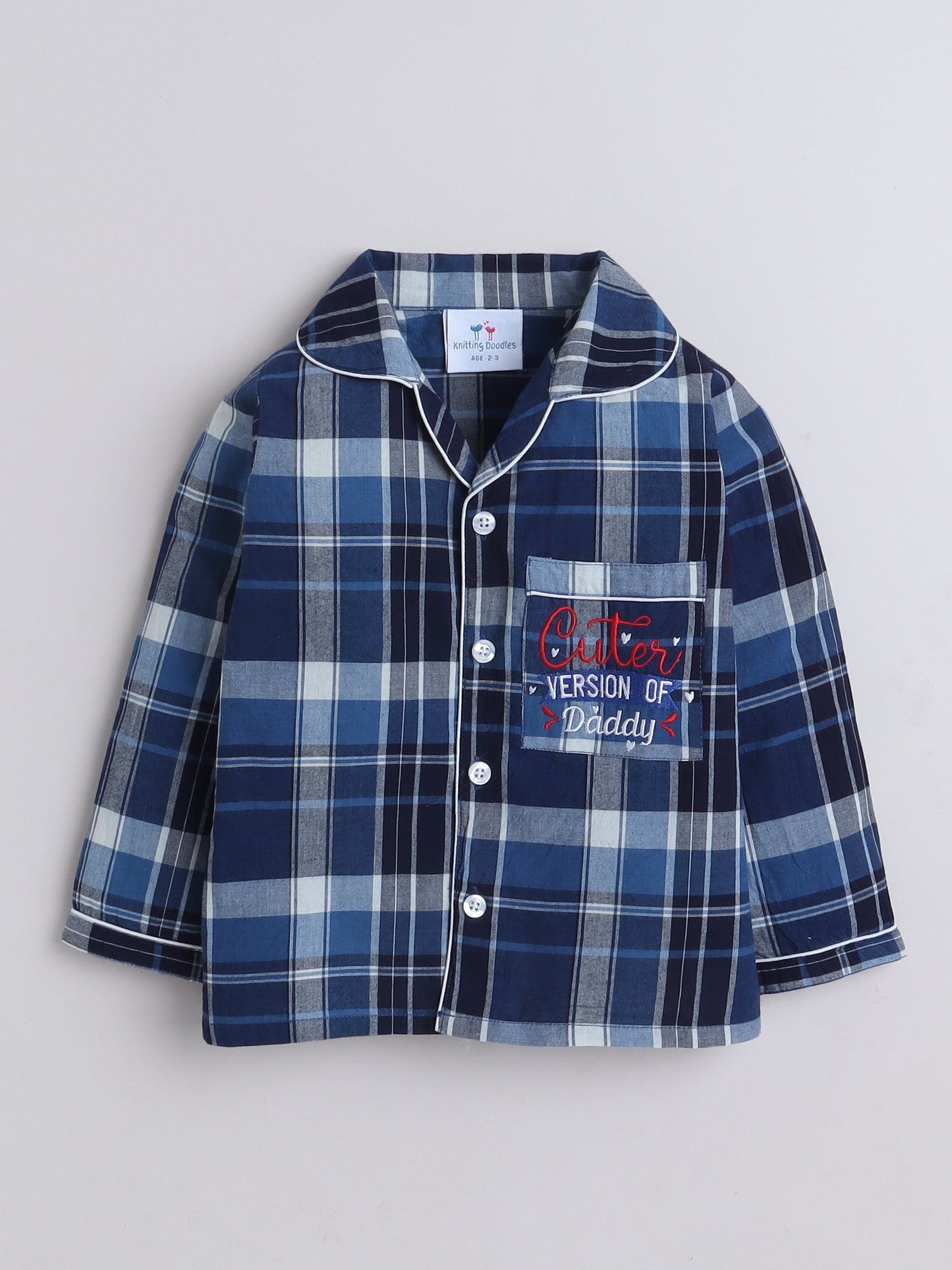 Blue Checks Nightsuit with Cute Embroidery on the Pocket- Blue