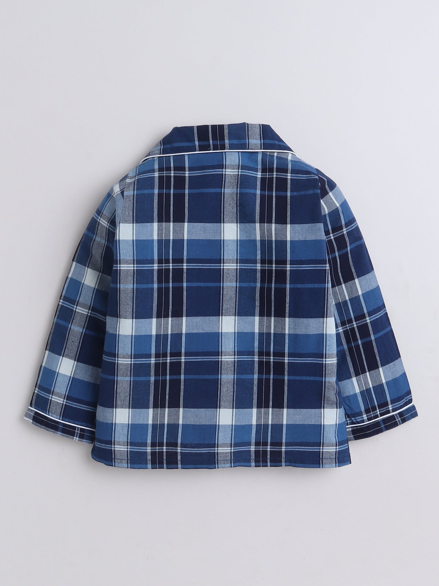 Blue Checks Nightsuit with Cute Embroidery on the Pocket- Blue