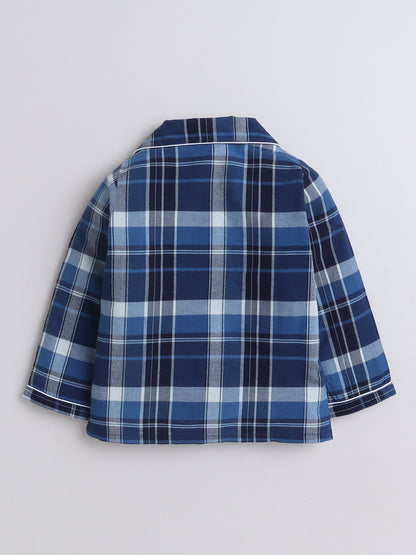 Blue Checks Nightsuit with Cute Embroidery on the Pocket- Blue
