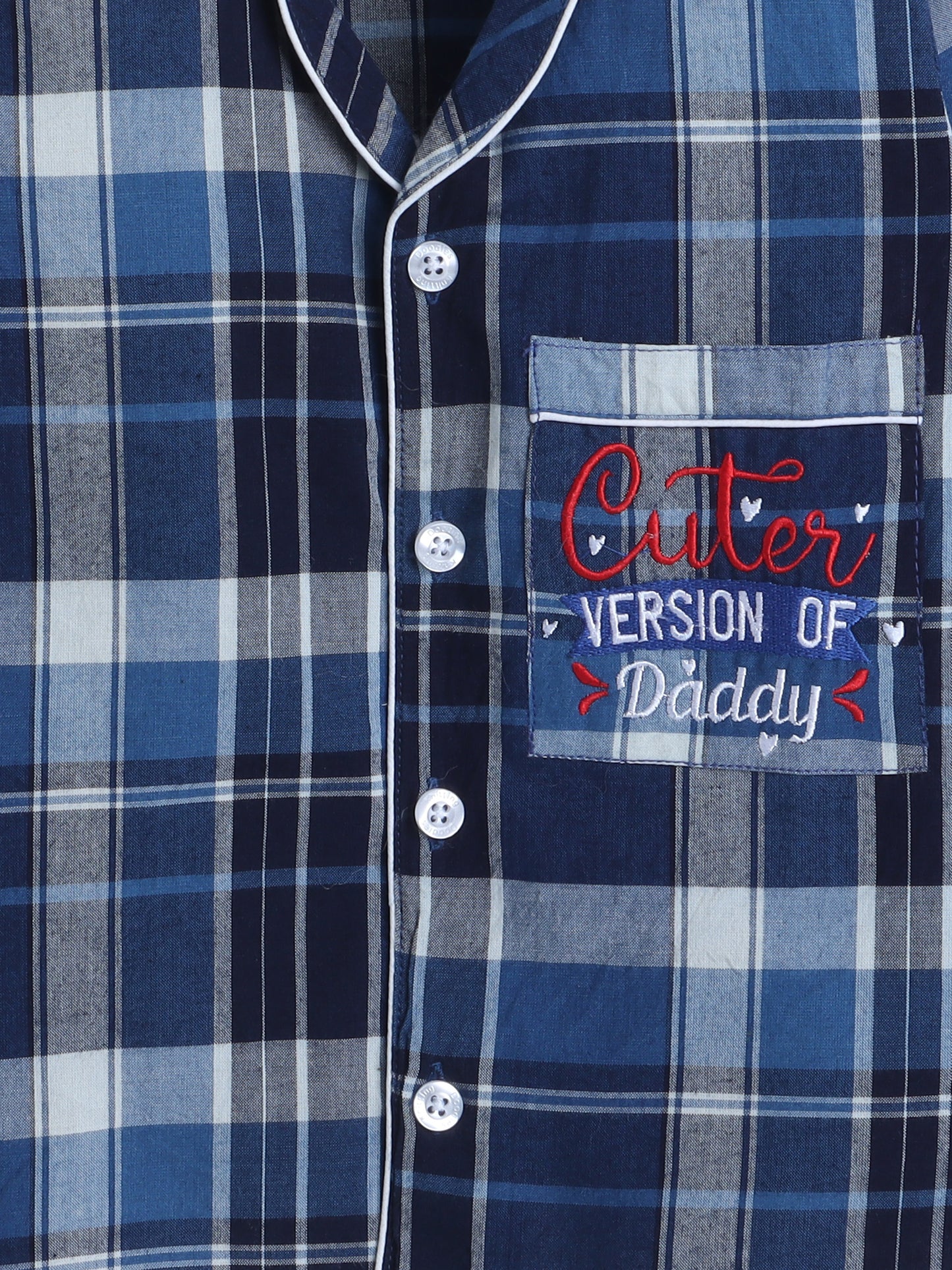 Blue Checks Nightsuit with Cute Embroidery on the Pocket- Blue