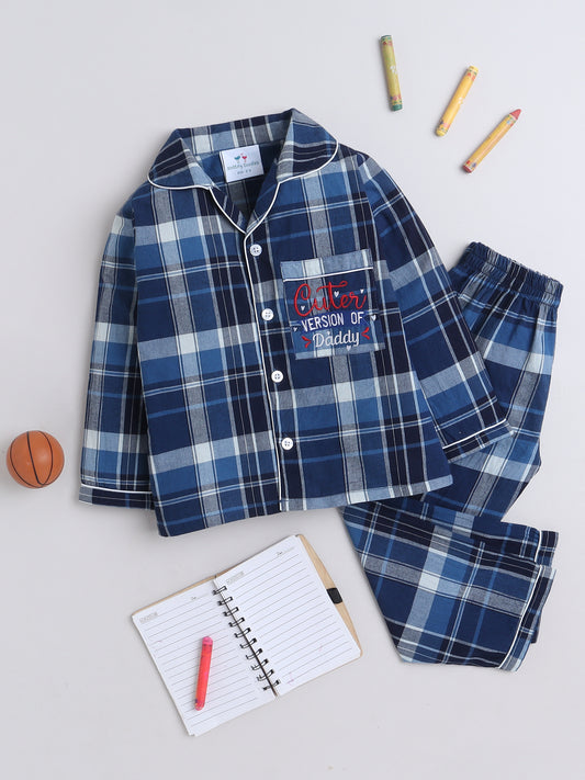Blue Checks Nightsuit with Cute Embroidery on the Pocket- Blue