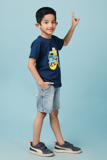 Knitting Doodles Pure cotton Boys' Blue t-shirt with Cool Kids print- Blue