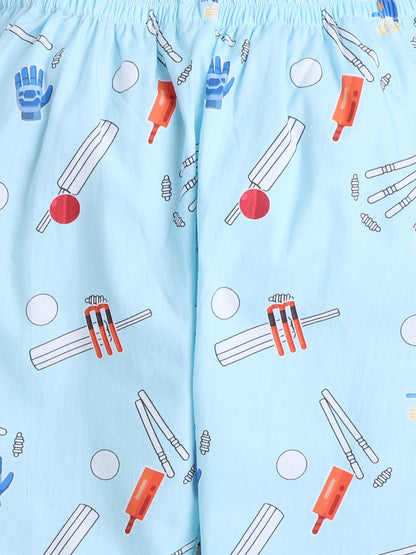 Cricket Print T-shirt and Pyjama- White & Blue