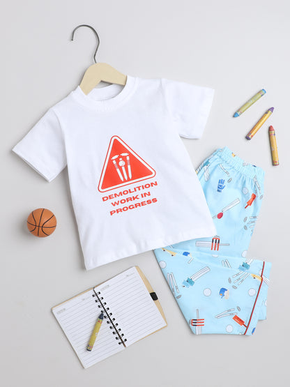 Cricket Print T-shirt and Pyjama- White & Blue