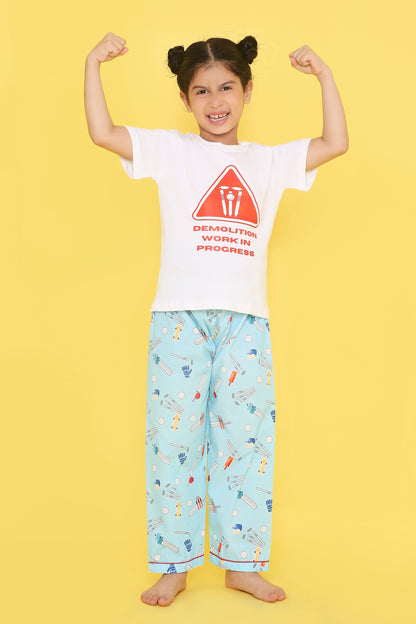 Cricket Print T-shirt and Pyjama- White & Blue