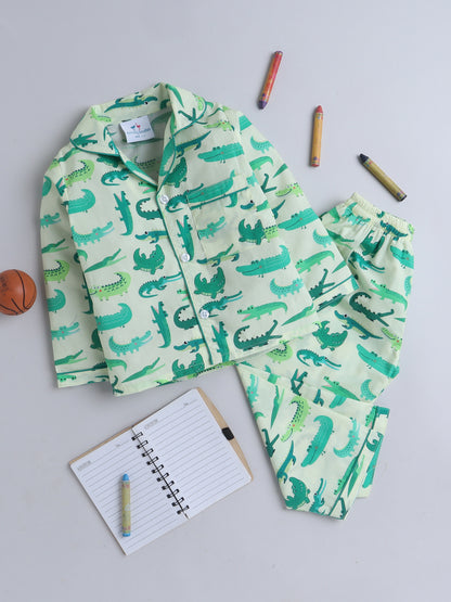 Crocodile Print Nightsuit- Light Green