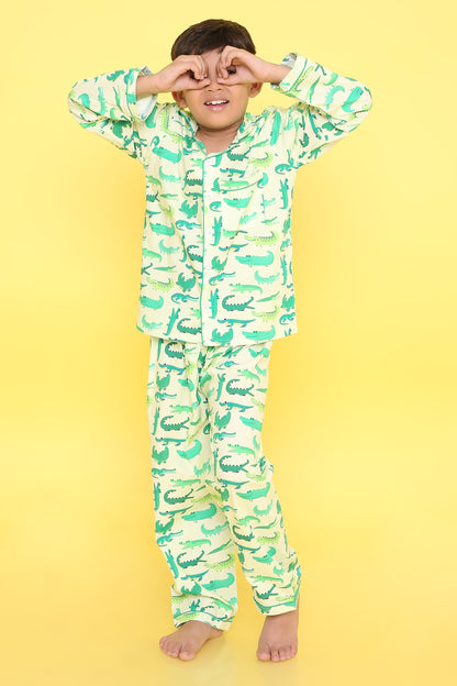 Crocodile Print Nightsuit- Light Green
