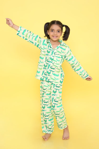 Crocodile Print Nightsuit- Light Green