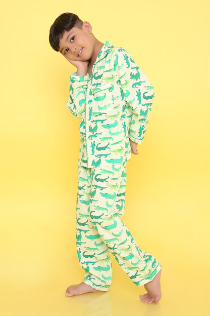 Crocodile Print Nightsuit- Light Green