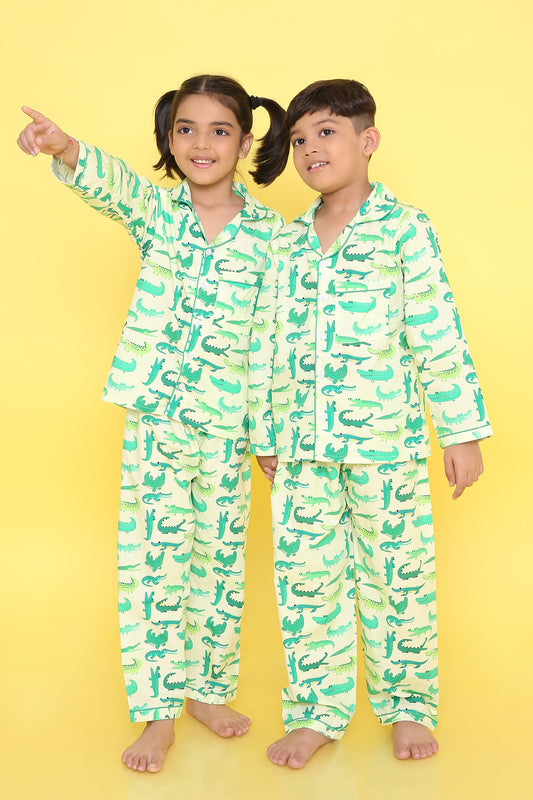 Crocodile Print Nightsuit- Light Green