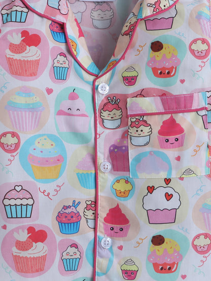 Cupcake Print Nightsuit- White
