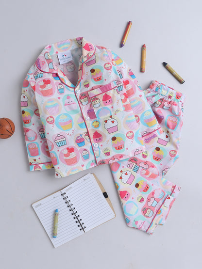 Cupcake Print Nightsuit- White