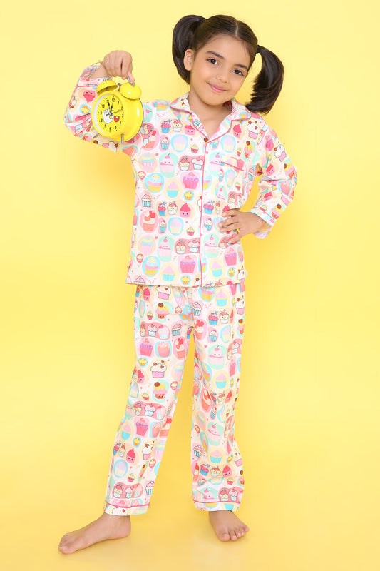 Cupcake Print Nightsuit- White