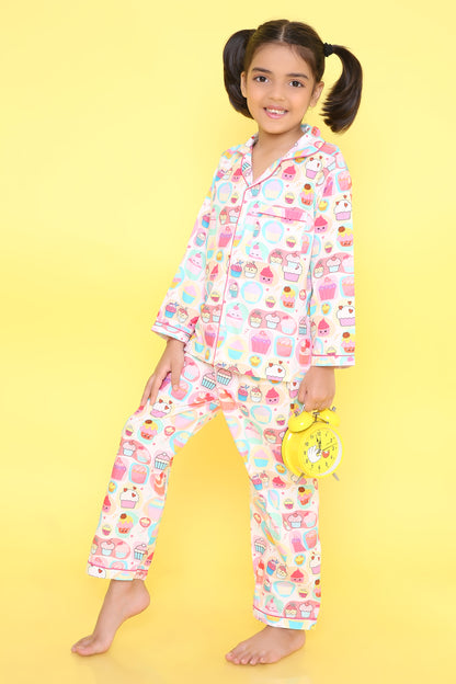 Cupcake Print Nightsuit- White