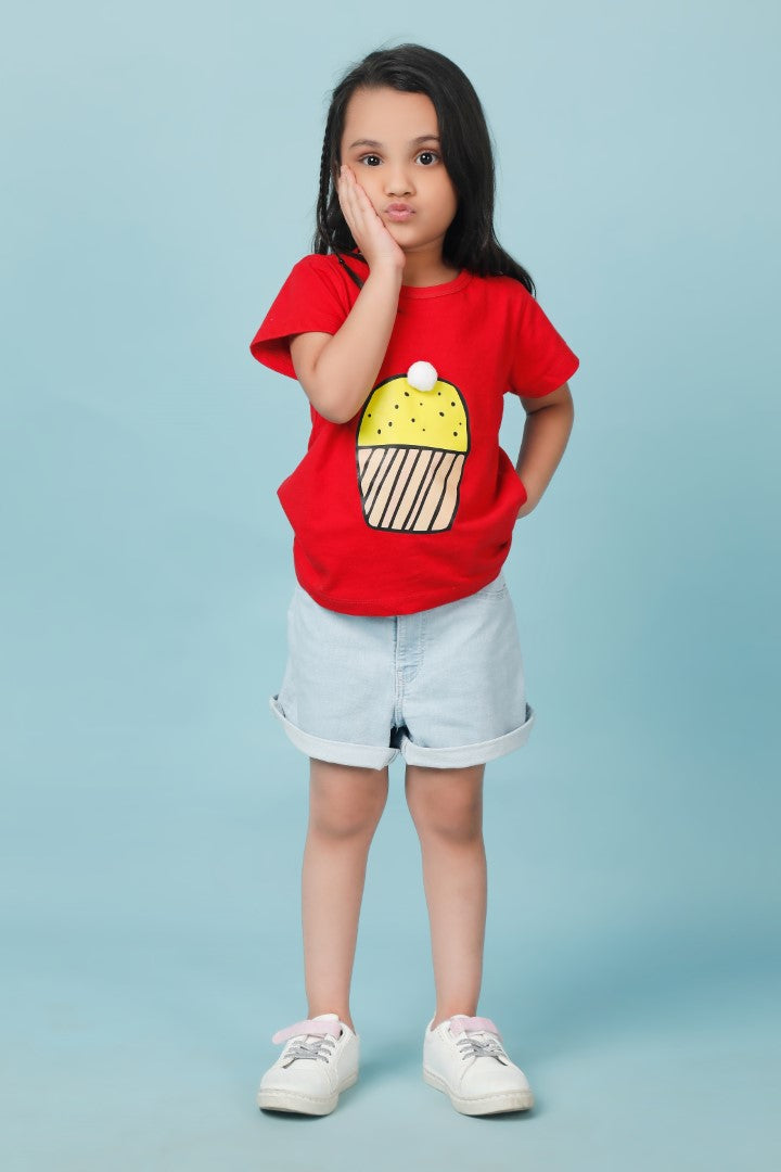 Knitting Doodles Pure cotton Girls' Red t-shirt with Cute Cupcake print- Red