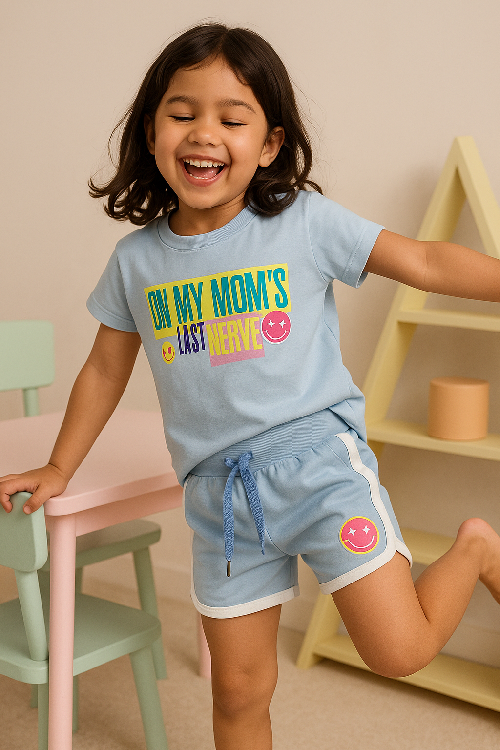 Girls' Cotton Playday Shorts Set with Cute Print- Light Blue