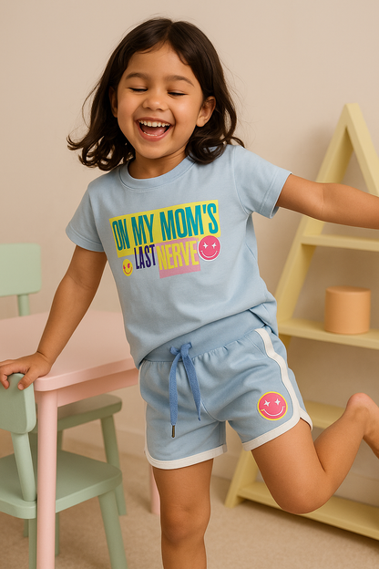 Girls' Cotton Playday Shorts Set with Cute Print- Light Blue