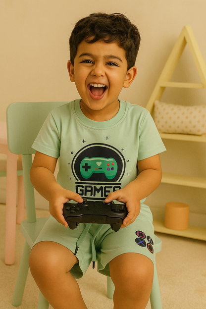 Boys' Cotton Playday Shorts Set with Fun Gamer Print- Sea Green