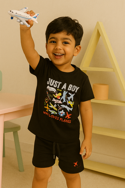 Boys' Cotton Playday Shorts Set with Cute Aeroplane Print- Black