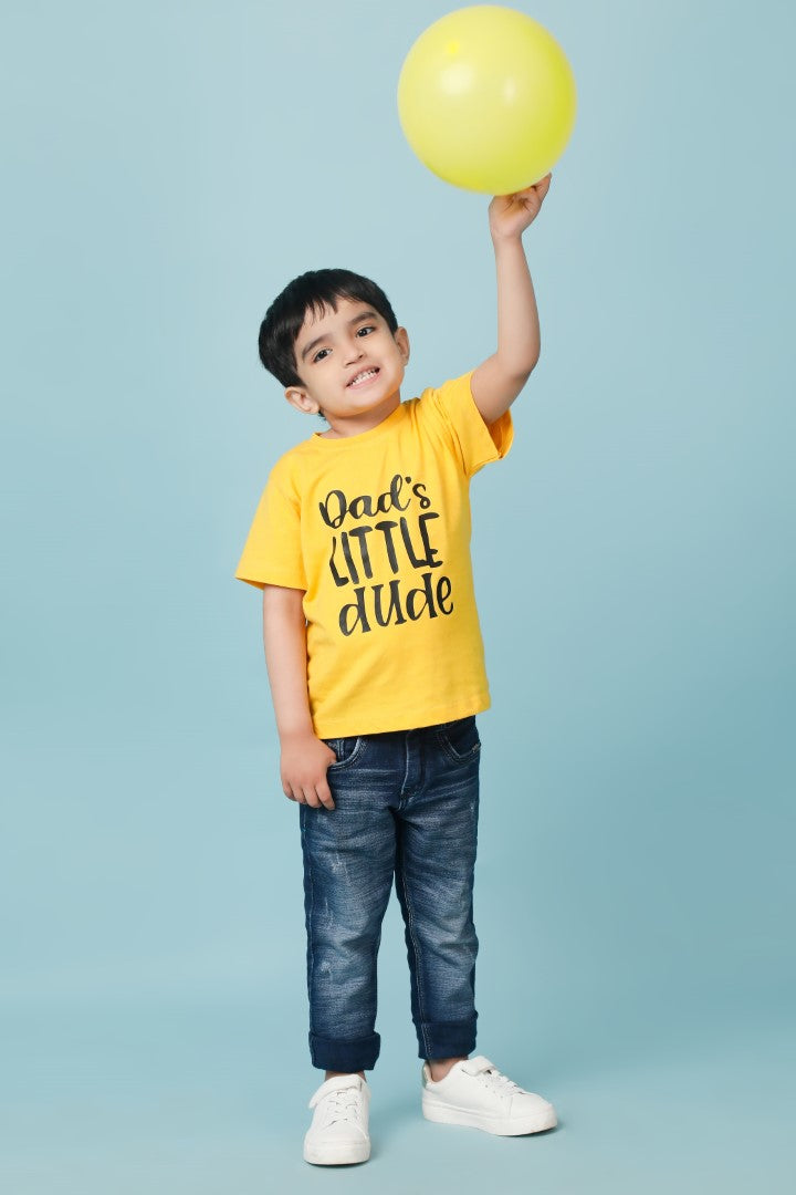 Knitting Doodles Pure cotton Boys' Yellow t-shirt with Dad's dude print- Yellow