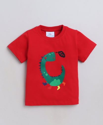Knitting Doodles Premium Cotton Kids' Night suit with Dinosaurs Boy print t-shirt and Pyjama- Red and Green