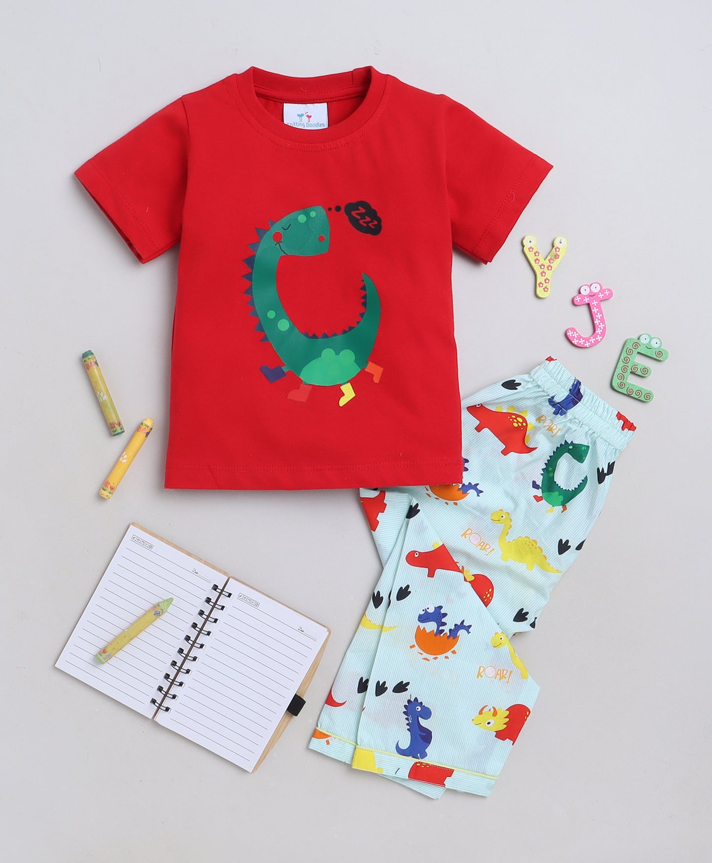 Dinosaurs Print T-shirt and Pyjama- Red and Green