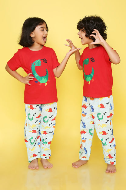 Dinosaurs Print T-shirt and Pyjama- Red and Green