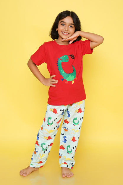 Knitting Doodles Premium Cotton Kids' Night suit with Dinosaurs Boy print t-shirt and Pyjama- Red and Green