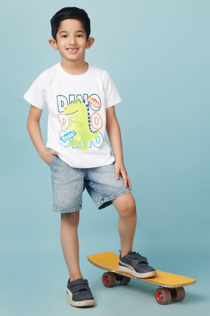 Knitting Doodles Pure cotton Boys' White t-shirt with Cute Dinosaur print- White