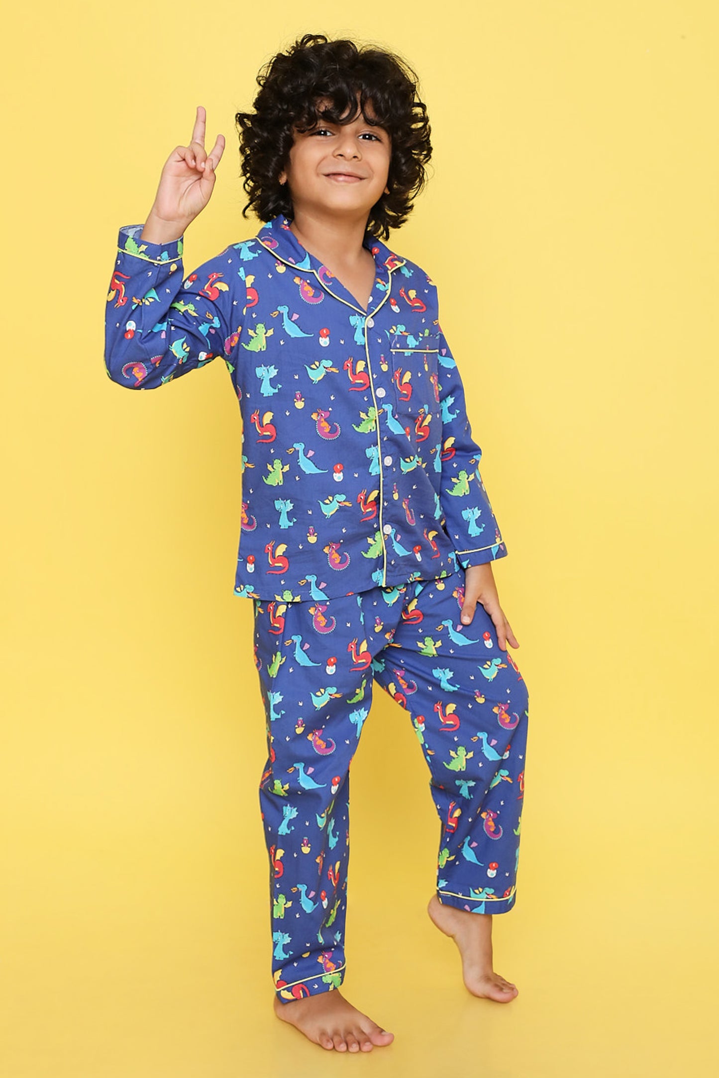 Knitting Doodles Premium cotton Kids' Notched Collar Night suit in Cute Dragons Print- Blue