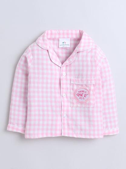 Pink and White Checks Night suit with Dream it, Do it embroidery on pocket