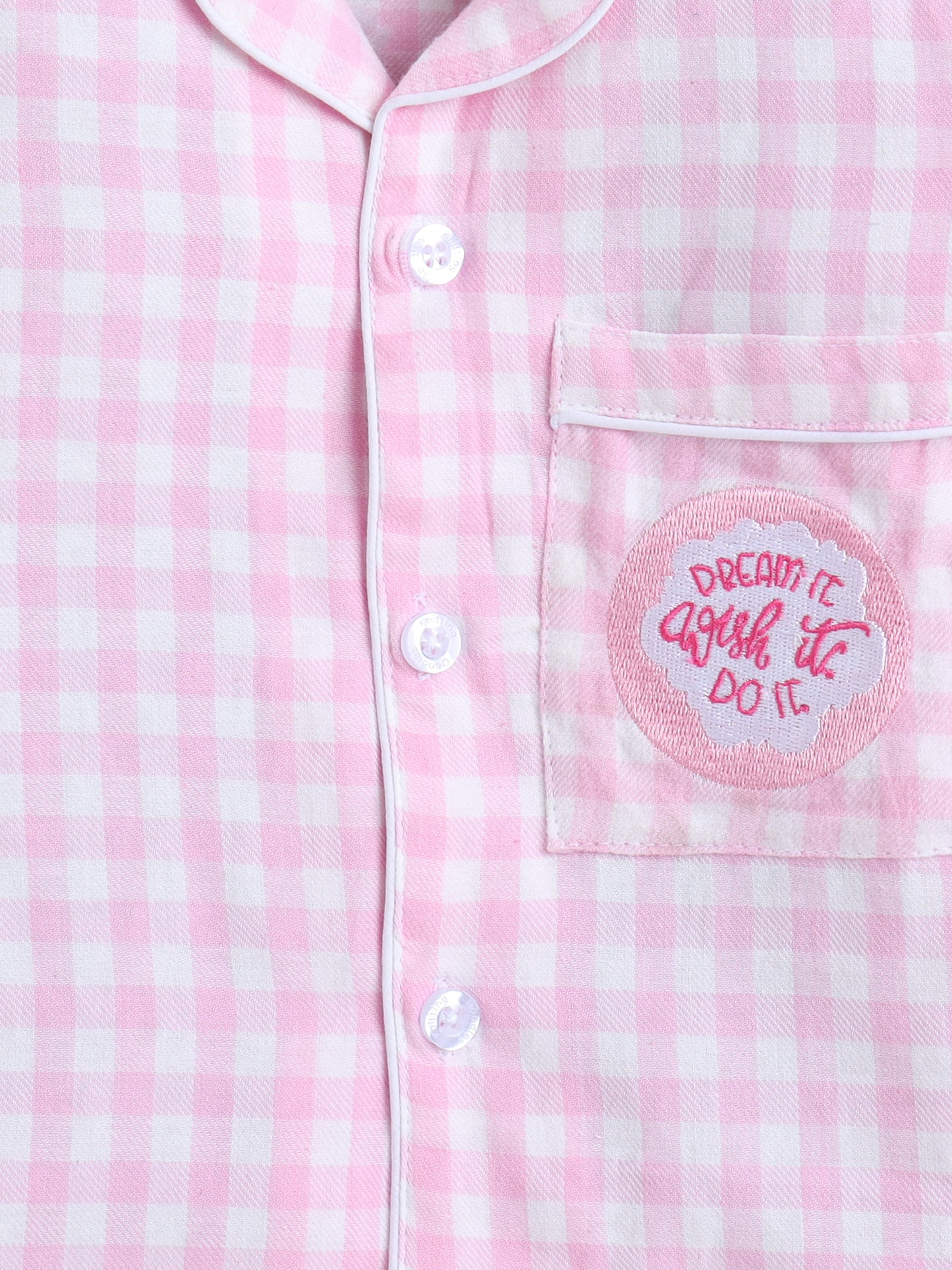 Pink and White Checks Night suit with Dream it, Do it embroidery on pocket