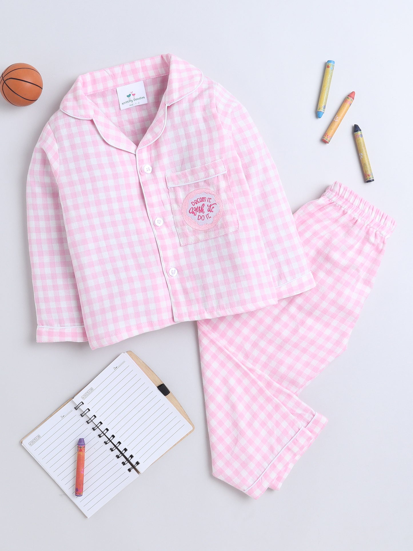 Pink and White Checks Night suit with Dream it, Do it embroidery on pocket