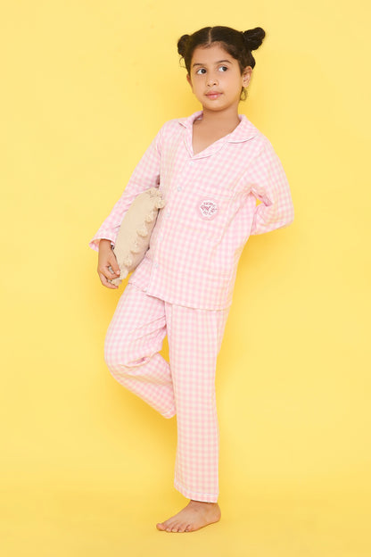 Pink and White Checks Night suit with Dream it, Do it embroidery on pocket