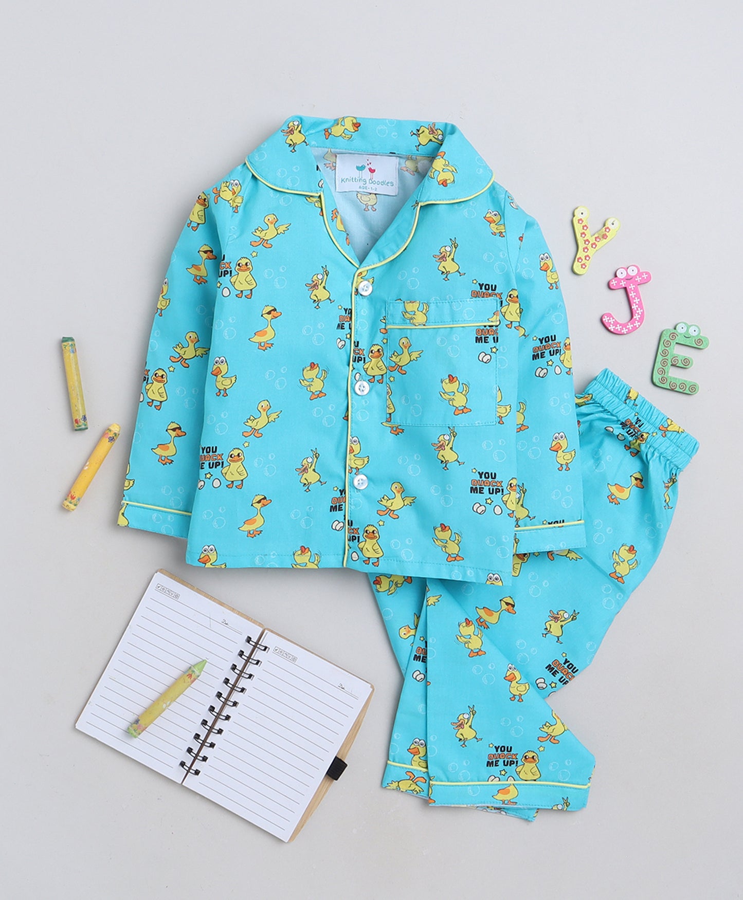 Knitting Doodles Premium cotton Kids' Notched Collar Night suit in Cute Ducks Print- Blue
