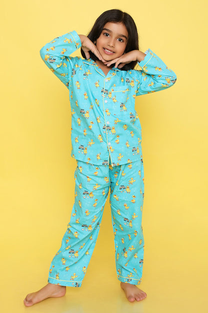 Knitting Doodles Premium cotton Kids' Notched Collar Night suit in Cute Ducks Print- Blue