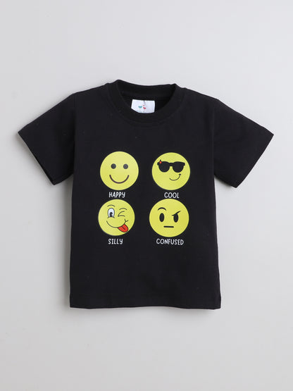 Emojis Print T-shirt and Pyjama- Black & Yellow