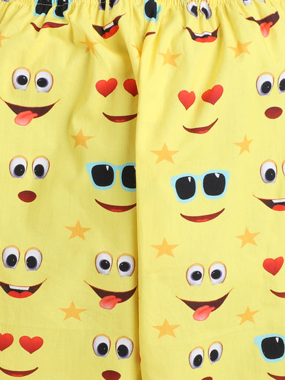 Emojis Print T-shirt and Pyjama- Black & Yellow